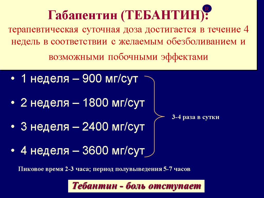 Габапентин (ТЕБАНТИН): терапевтическая суточная доза достигается в течение 4 недель в соответствии с желаемым